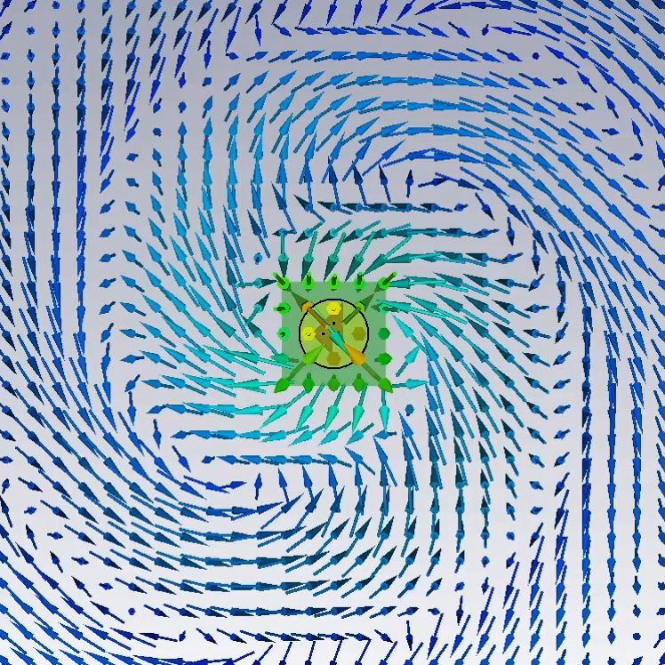 Still from a CST animation of the rotating electric field of a circularly polarised patch