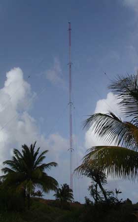 Tall red-and-white 110-metre MF broadcast mast standing among palm trees in a tropical setting.
