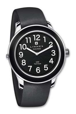 Black-faced Swiss GSM watch, a wrist-worn cellular emergency-call device.